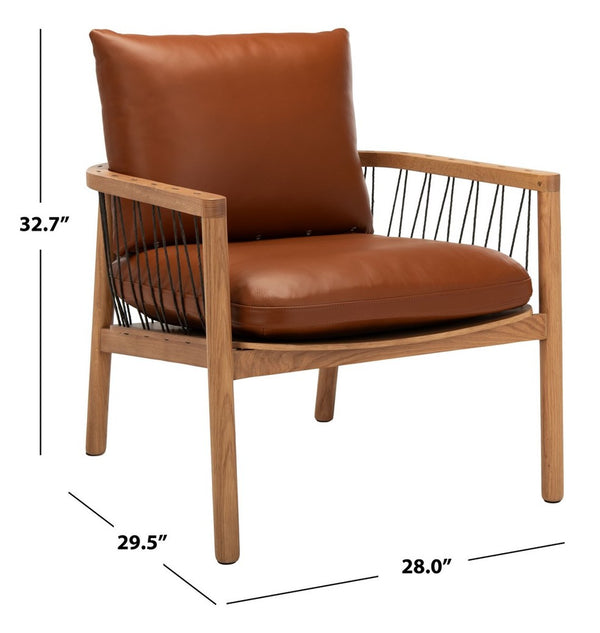Caramel Mid-Century Leather Chair - Rustic Oak Accent Chair with Cozy Brown Leather Cushions