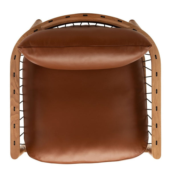 Caramel Mid-Century Leather Chair - Rustic Oak Accent Chair with Cozy Brown Leather Cushions