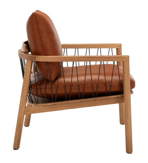 Caramel Mid-Century Leather Chair - Rustic Oak Accent Chair with Cozy Brown Leather Cushions