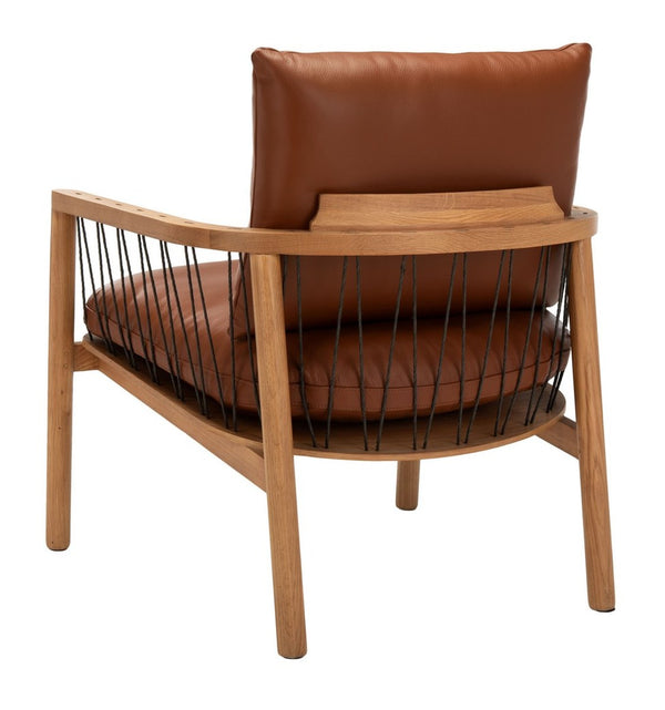 Caramel Mid-Century Leather Chair - Rustic Oak Accent Chair with Cozy Brown Leather Cushions