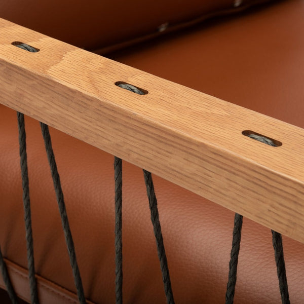 Caramel Mid-Century Leather Chair - Rustic Oak Accent Chair with Cozy Brown Leather Cushions