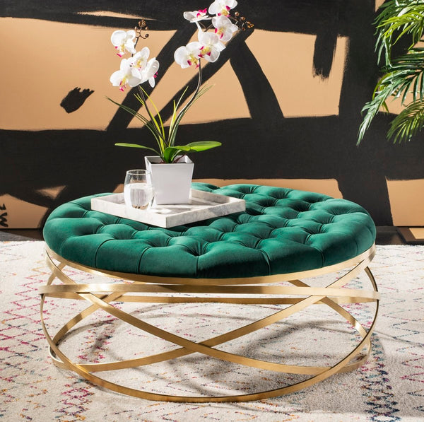 Rumi Tufted Velvet Ottoman - Sophisticated Gold Legs & Plush Design for Modern Living Spaces