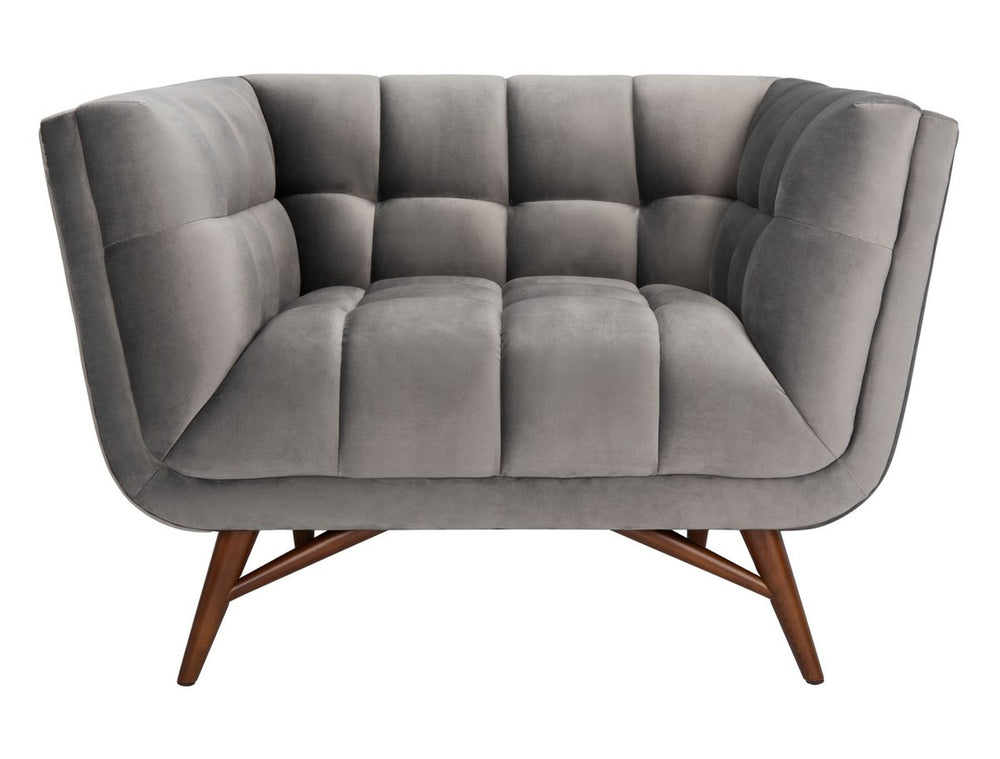 Onyx Luxurious Mid-Century Tufted Accent Chair in Dark Grey Velvet with Stylish Wooden Legs