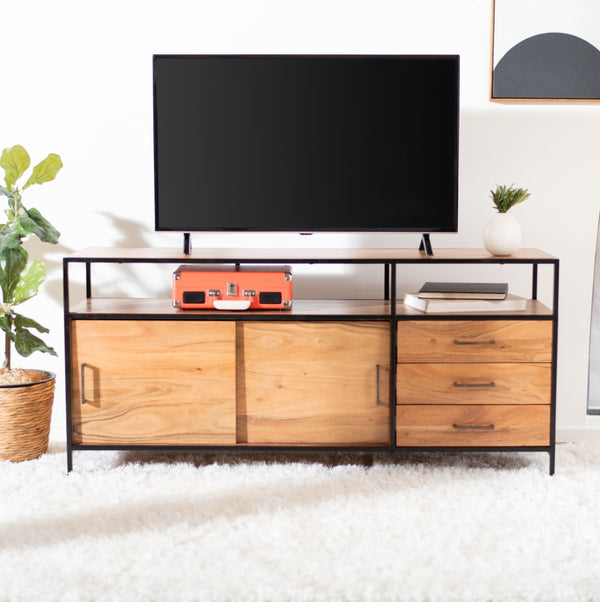 Safavieh Angelice Sliding Door Media Unit in Light Walnut, Black SFV5744A