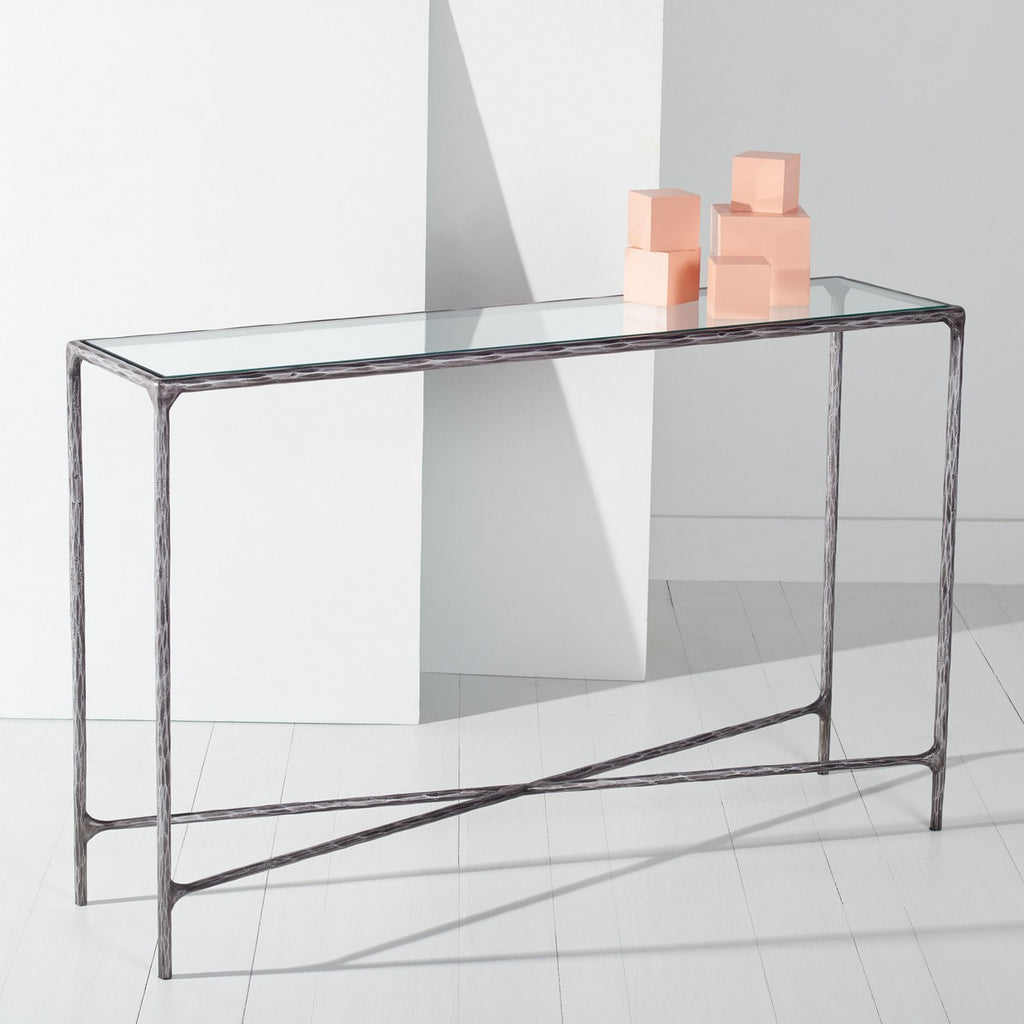 Jessa Forged Metal Rectangle Console Table Silver Forged Metal / Tempered Glass SFV9502B