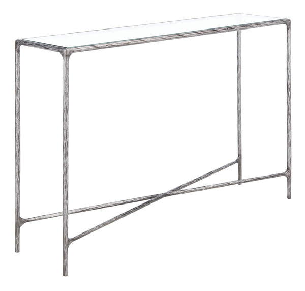 Jessa Forged Metal Rectangle Console Table Silver Forged Metal / Tempered Glass SFV9502B