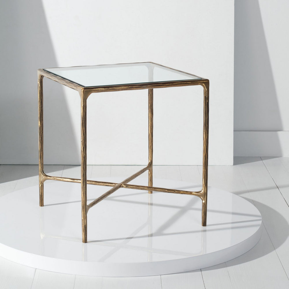 Jessa Forged Metal Square End Table Brass Forged Metal / Tempered Glass SFV9503A