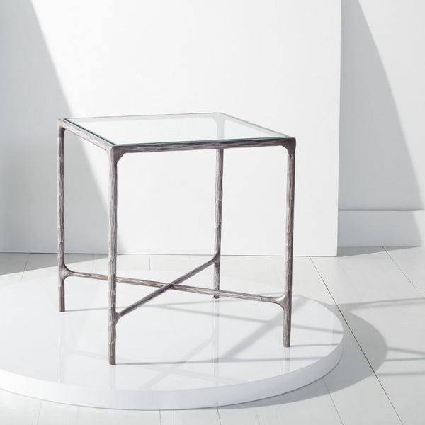 Jessa Forged Metal Square End Table Silver Forged Metal / Tempered Glass SFV9503B