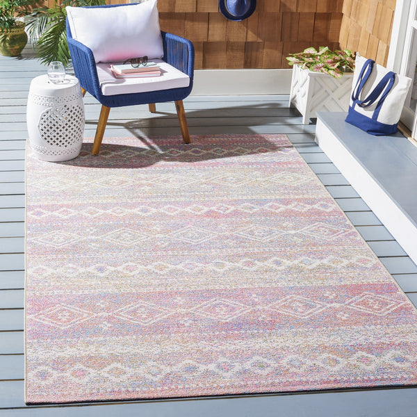 Summer 498 Indoor / Outdoor Power Loomed 23% Polyester 76% Polypropylene 1% Backing Material Rug Ivory / Pink