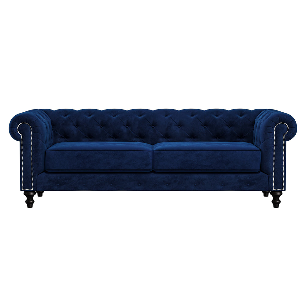 Nativa Interiors London Tufted Sofa Solid + Manufactured Wood / Velvet Commercial Grade Wide Tufted Sofa Blue 90.00"W x 42.50"D x 30.00"H