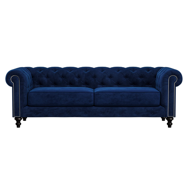 Nativa Interiors London Tufted Sofa Solid + Manufactured Wood / Velvet Commercial Grade Wide Tufted Sofa Blue 90.00"W x 42.50"D x 30.00"H