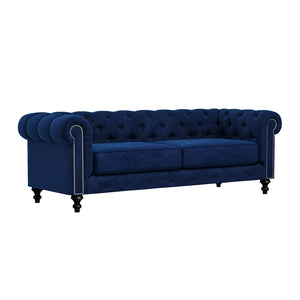 Nativa Interiors London Tufted Sofa Solid + Manufactured Wood / Velvet Commercial Grade Wide Tufted Sofa Blue 90.00"W x 42.50"D x 30.00"H