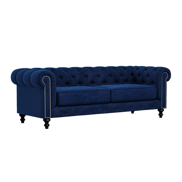 Nativa Interiors London Tufted Sofa Solid + Manufactured Wood / Velvet Commercial Grade Wide Tufted Sofa Blue 90.00"W x 42.50"D x 30.00"H