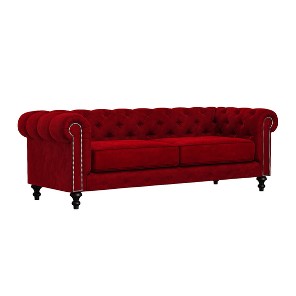 Nativa Interiors London Tufted Sofa Solid + Manufactured Wood / Velvet Commercial Grade Wide Tufted Sofa Red 90.00"W x 42.50"D x 30.00"H