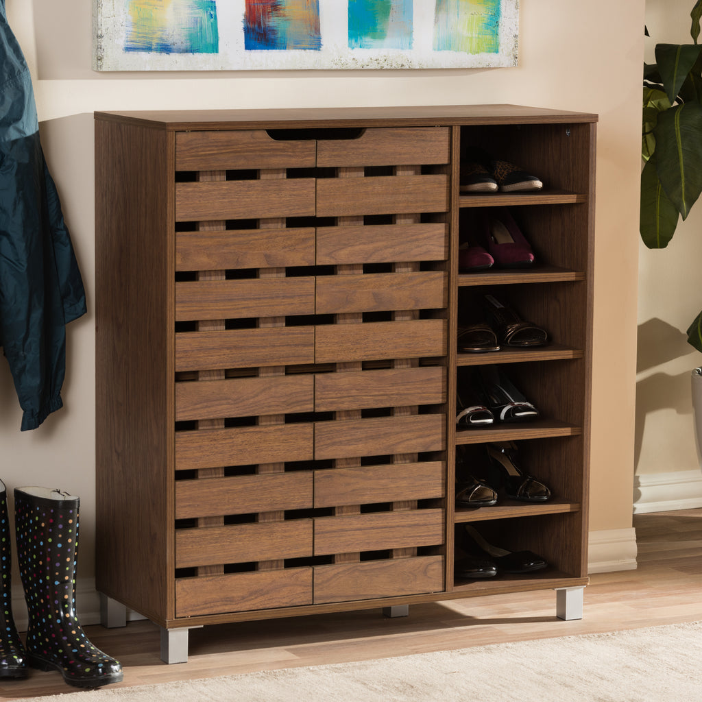 Designer Studios Shirley Modern and Contemporary Walnut Medium Brown Wood  2-Door Shoe Cabinet with Open Shelves