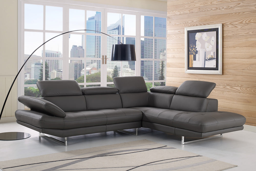 Pandora Sectional, Chaise On Right When Facing, Dark Gray Top Grain Italian Leather,