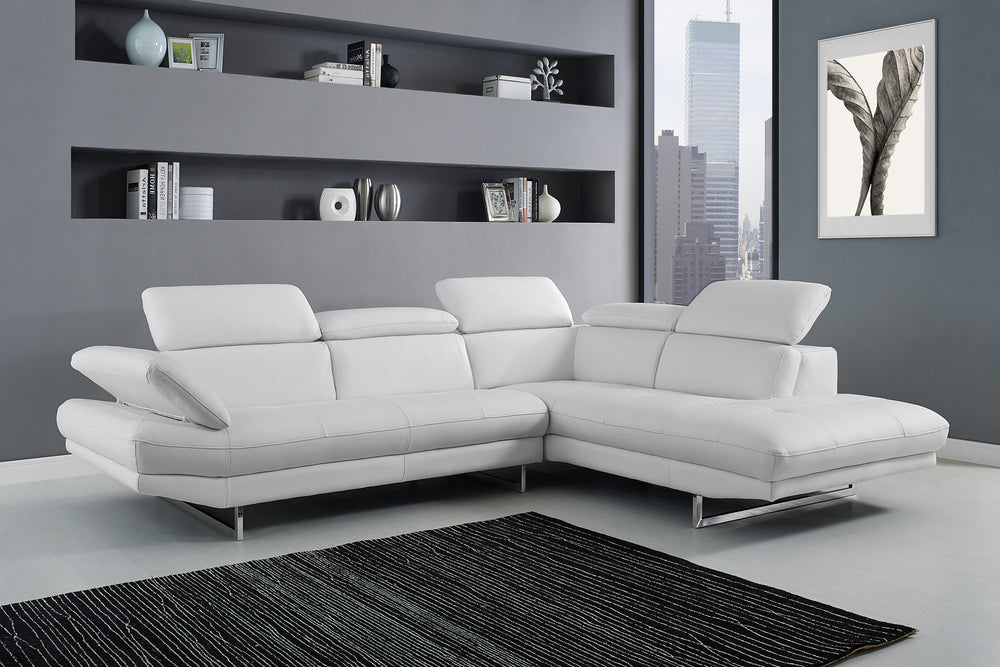 Pandora Sectional, Chaise On Right When Facing, White Top Grain Italian Leather, Adjustable Head...