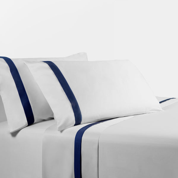 HiEnd Accents 350TC Flange Design Sheet Set SS3503-KG-NA White, Navy 100% cotton 108x102x0.2