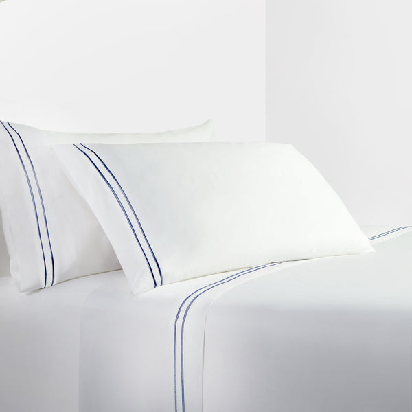 HiEnd Accents 350TC Embroidered Stripe White Sheet Set SS3505-KG-NA White, Navy 100% cotton 108x102x0.2