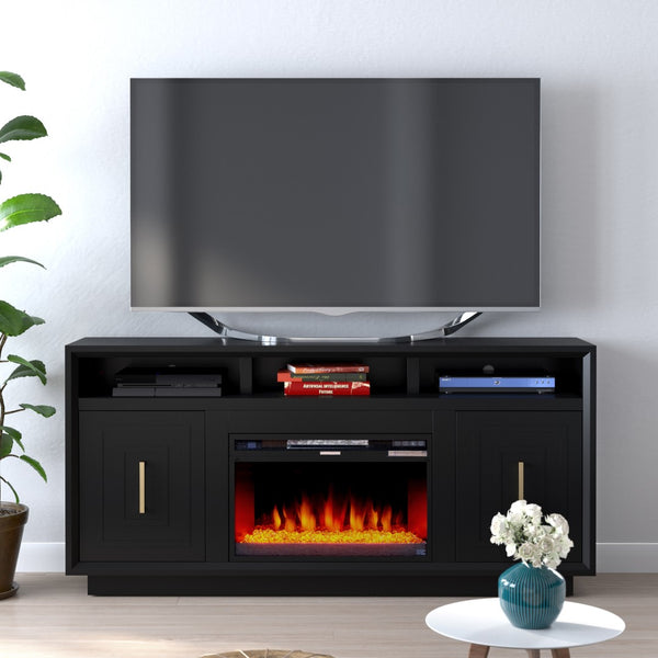 Legends Furniture Eclectic Modern TV Stand with Electric Fireplace Included, Black SS5210.SLS