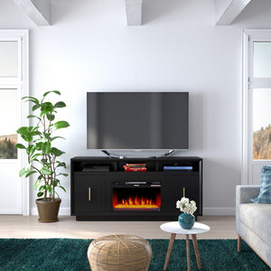 Legends Furniture Eclectic Modern TV Stand with Electric Fireplace Included, Black SS5210.SLS
