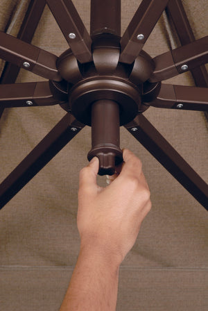 Simply Shade - Treasure Garden Skye 8.6' Square, with Cross Bar Stand in Solefin Fabric Taupe / Bronze  8.6' Square