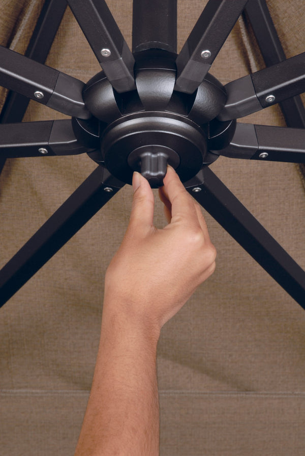 Simply Shade - Treasure Garden Skye 8.6' Square, with Cross Bar Stand in Sunbrella Fabric Cast Silver / Black  8.6' Square