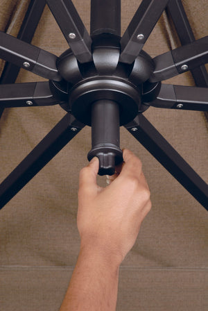 Simply Shade - Treasure Garden Skye 8.6' Square, with Cross Bar Stand in Solefin Fabric Taupe / Black  8.6' Square