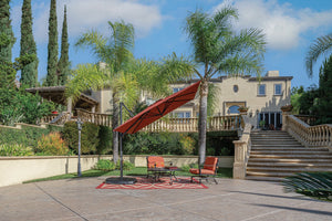 Simply Shade - Treasure Garden Skye 8.6' Square, with Cross Bar Stand in Sunbrella Fabric Cast Silver / Black  8.6' Square