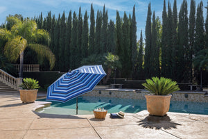 Simply Shade - Treasure Garden Catalina 9' Octagon Push Button Tilt in Sunbrella Fabric Milano Cobalt Stripe / Black 9' Octagon