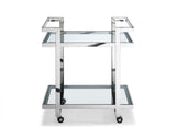 Vegas Side Table/ Bar Cart, Clear Glass, Stainless Steel Base On Castors