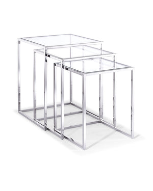 Terzi Nesting Side Tables, Clear Glass, Stainless Steel Base, Set Of 3