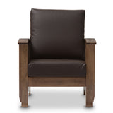 Charlotte Modern Classic Mission Style Walnut Brown Wood and Dark Brown Faux Leather 1-Seater Lounge Chair