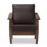 Pierce Mid-Century Modern Walnut Brown Wood and Dark Brown Faux Leather 1-Seater Lounge Chair