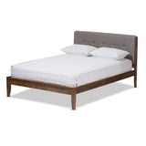 Leyton Mid-Century Light Grey Fabric and Medium Brown Finish Wood Queen Size Platform Bed