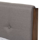 Baxton Studio Leyton Mid-Century Light Grey Fabric and Medium Brown Finish Wood Queen Size Platform Bed