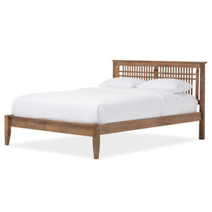 Baxton Studio Loafey Mid-Century Modern Solid Walnut Wood Window-Pane Style Queen Size Platform Bed 