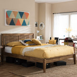 Baxton Studio Loafey Mid-Century Modern Solid Walnut Wood Window-Pane Style Queen Size Platform Bed 