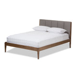 Ember Mid-Century Light Grey Fabric and Medium Brown Finish Wood Queen Size Platform Bed