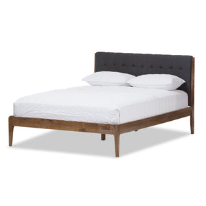 Baxton Studio Clifford Mid-Century Dark Grey Fabric and Medium Brown Finish Wood Queen Size Platform Bed