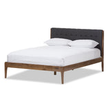 Clifford Mid-Century Dark Grey Fabric and Medium Brown Finish Wood King Size Platform Bed