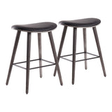 Saddle 26" Contemporary  Counter Stool in Grey Wood and Black Faux Leather with Black Metal by LumiSource - Set of 2