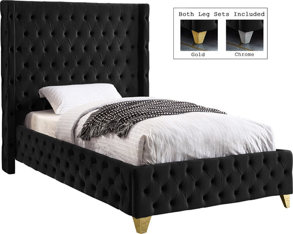 Savan Velvet / Engineered Wood / Metal / Foam Contemporary Black Velvet Twin Bed - 50" W x 81" D x 56" H