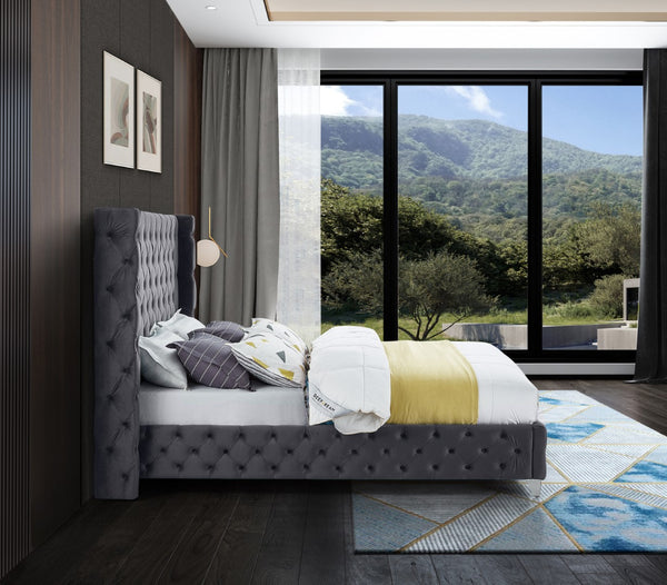 Savan Velvet / Engineered Wood / Metal / Foam Contemporary Grey Velvet King Bed - 88" W x 86" D x 56" H