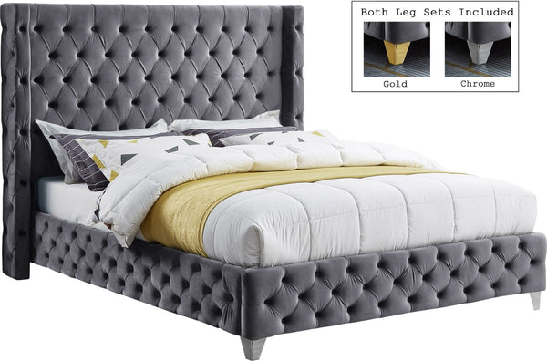 Savan Velvet / Engineered Wood / Metal / Foam Contemporary Grey Velvet King Bed - 88" W x 86" D x 56" H