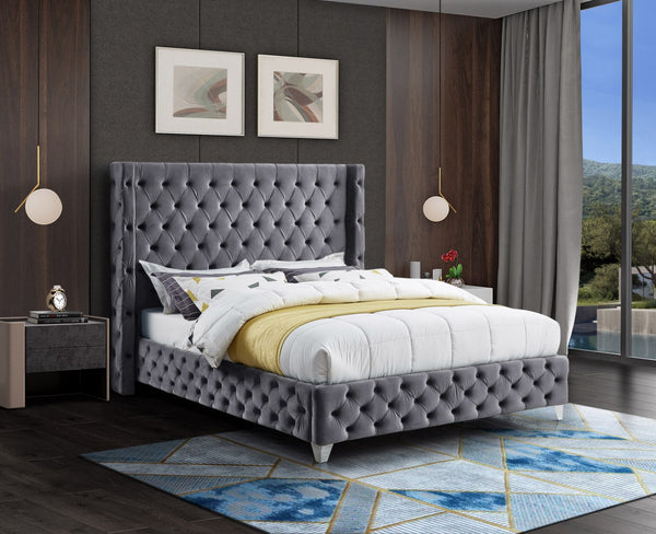 Savan Velvet / Engineered Wood / Metal / Foam Contemporary Grey Velvet King Bed - 88" W x 86" D x 56" H