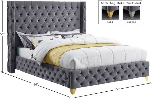 Savan Velvet / Engineered Wood / Metal / Foam Contemporary Grey Velvet Queen Bed - 72" W x 86" D x 56" H