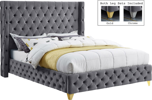 Savan Velvet / Engineered Wood / Metal / Foam Contemporary Grey Velvet Queen Bed - 72" W x 86" D x 56" H