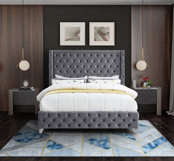 Savan Velvet / Engineered Wood / Metal / Foam Contemporary Grey Velvet Queen Bed - 72" W x 86" D x 56" H