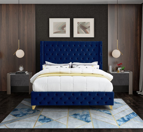 Savan Velvet / Engineered Wood / Metal / Foam Contemporary Navy Velvet Queen Bed - 72" W x 86" D x 56" H
